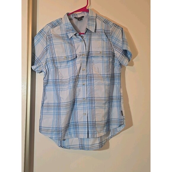 Eddie Bauer Blue Plaid Short Sleeve Shirt Button Down Moisture Wicking Woman's L - Picture 1 of 5